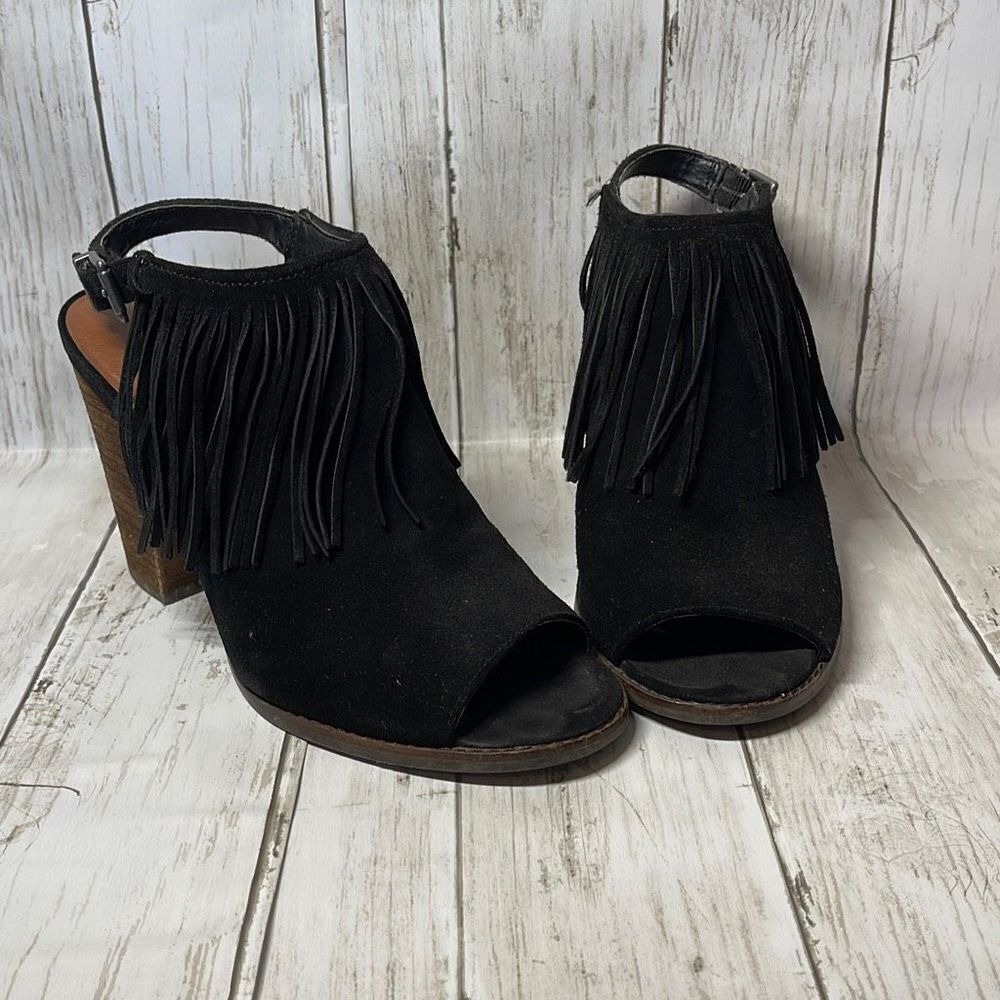 Lucky Brand Liennah Booties 9 Black Suede Fringe Peep Toe Block Heel Slingback